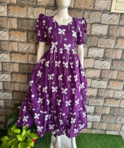 Violet leaf print cotton maxi